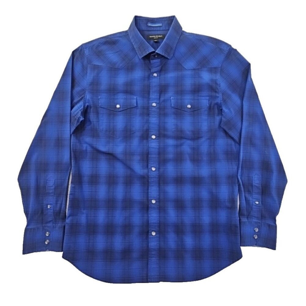 Banana Republic Pearl Snap Shirt Men's L‎ Navy Blue Plaid Long Sleeve EUC LN